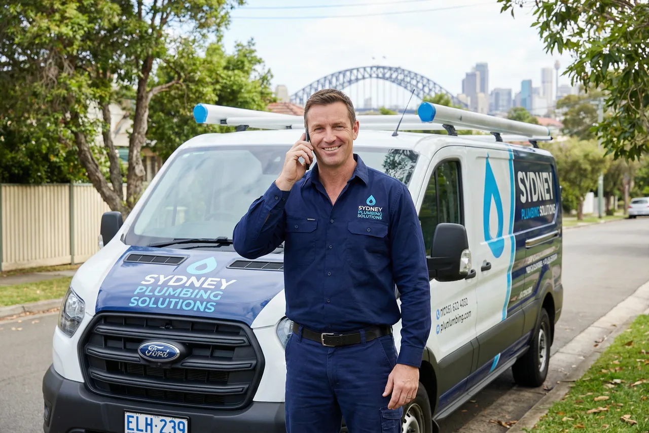 Plumbing business owner on a phone call in Sydney