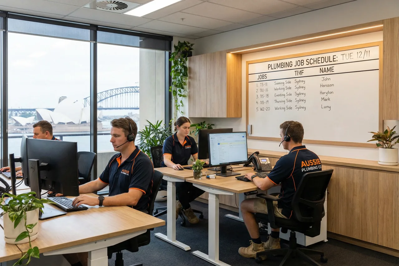 Plumbing business office team with headsets and job schedule board, Sydney Harbour visible through window