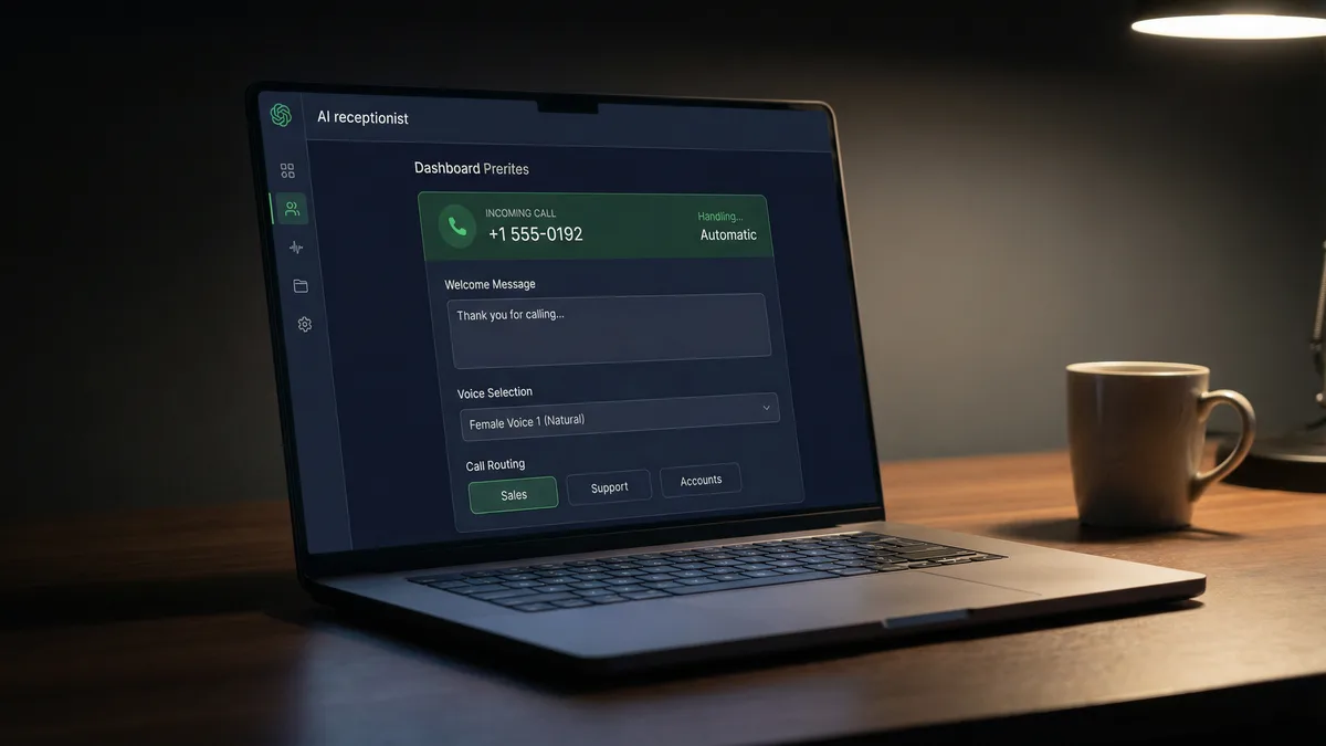 AI receptionist interface showing call routing and voice configuration