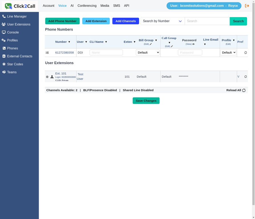 Voice Numbers page showing the phone number listed and active