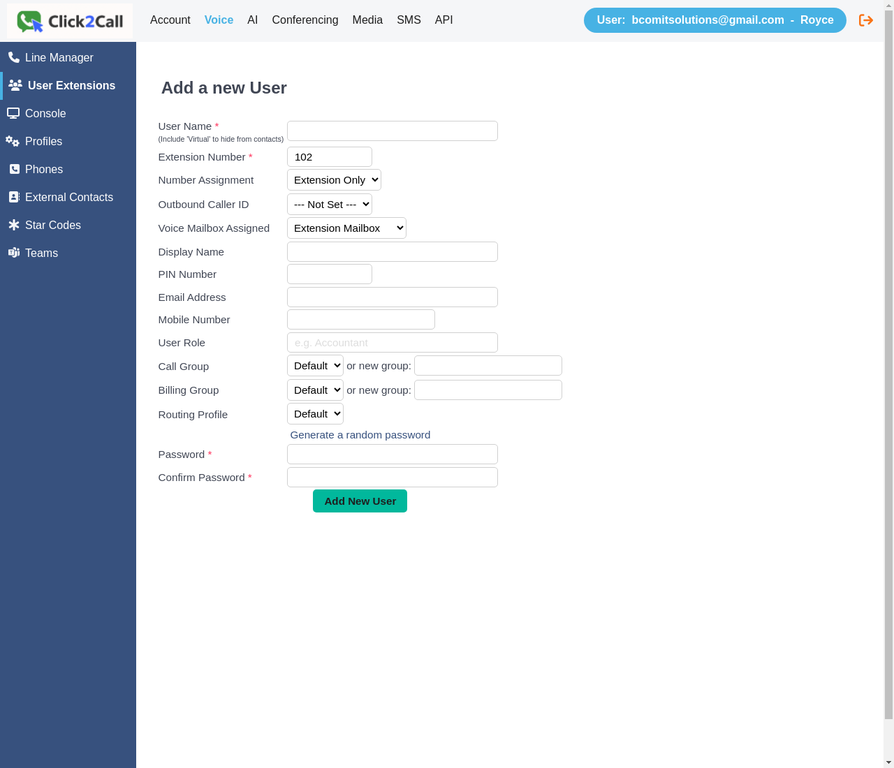 Add a new User form with all fields visible