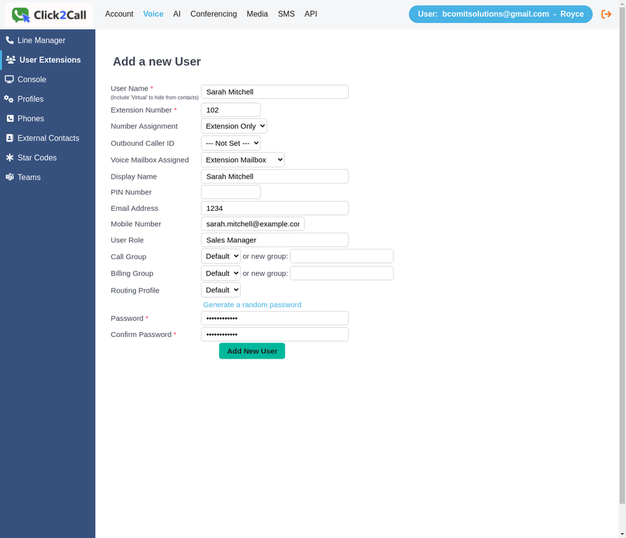 Form with password generated, ready to click Add New User