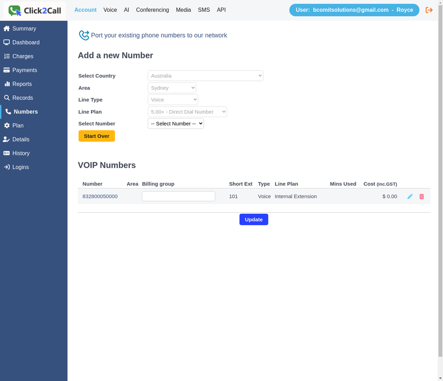 Inbound Business Number selected in Line Plan dropdown with Select Number dropdown visible