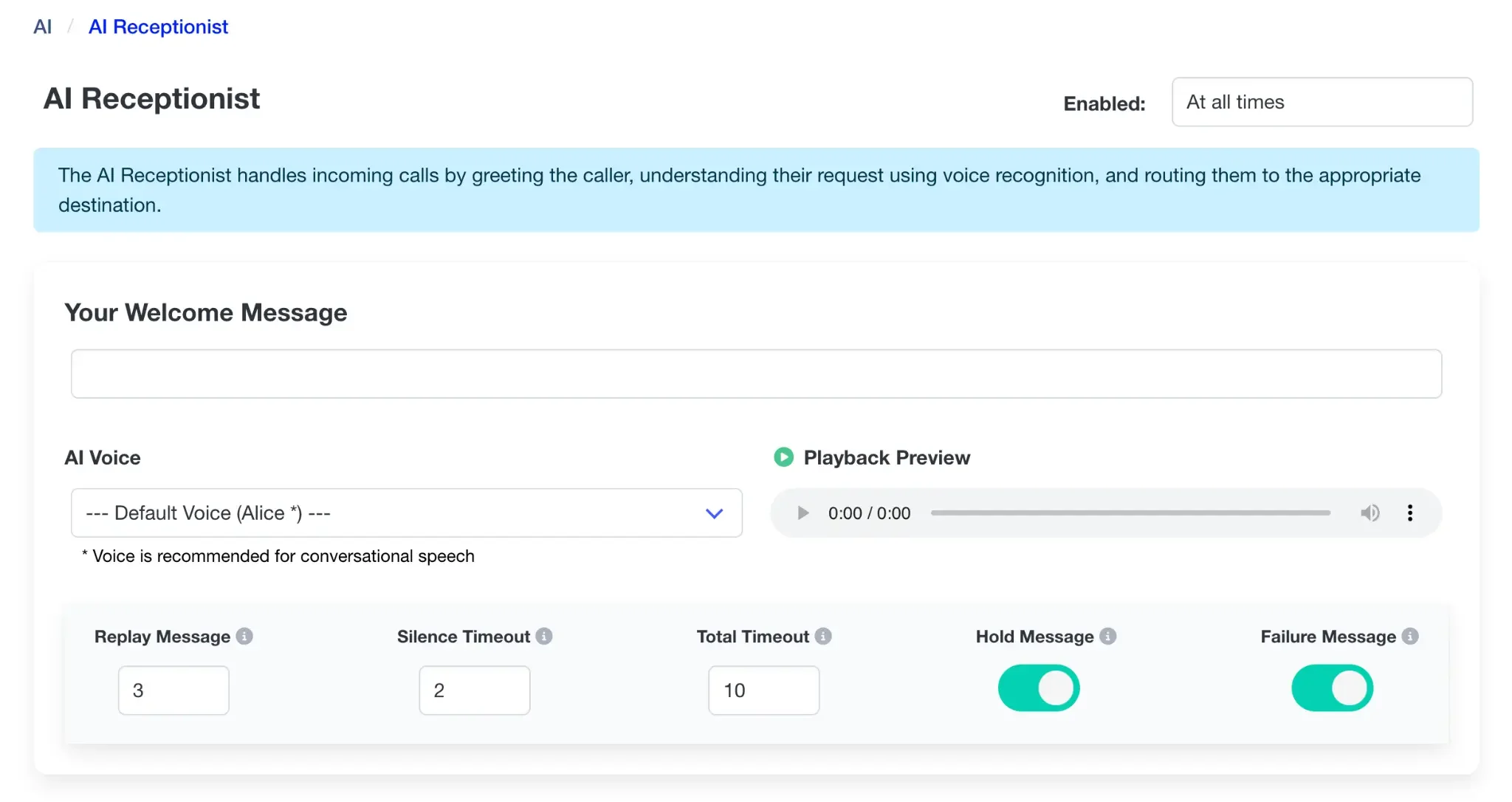 AI Receptionist welcome message and voice 
settings