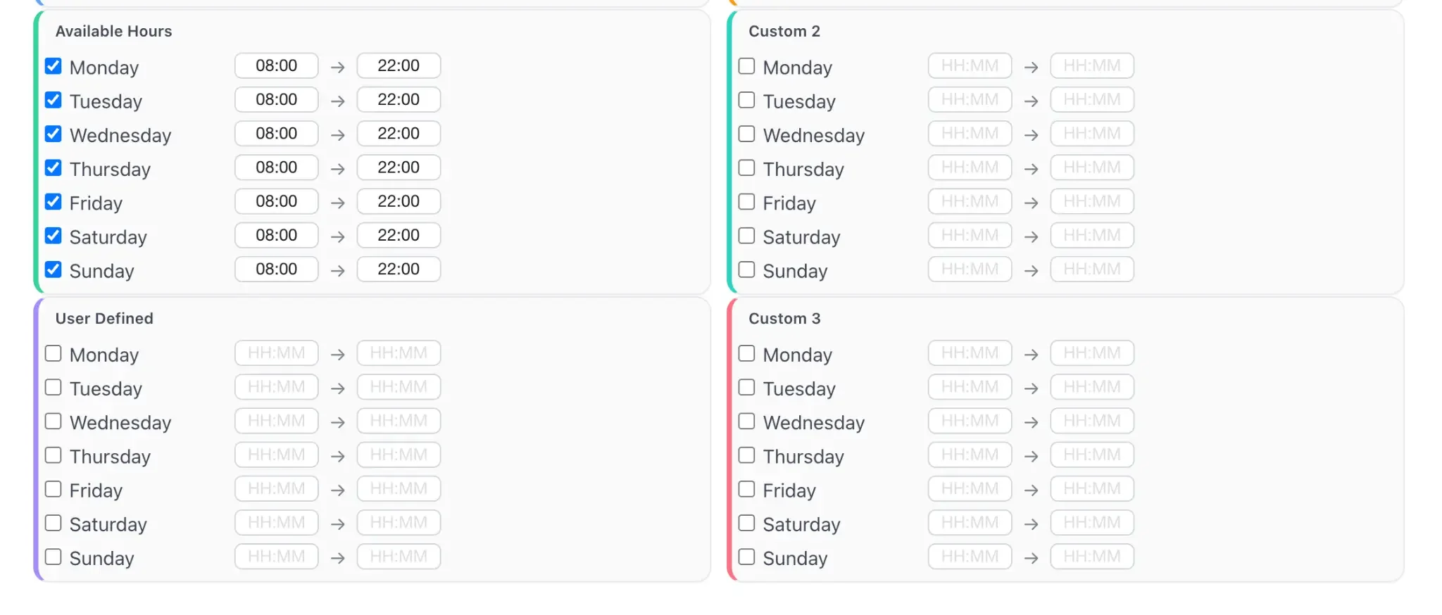 Time Schedules configuration panel showing Available Hours and User Defined schedules.