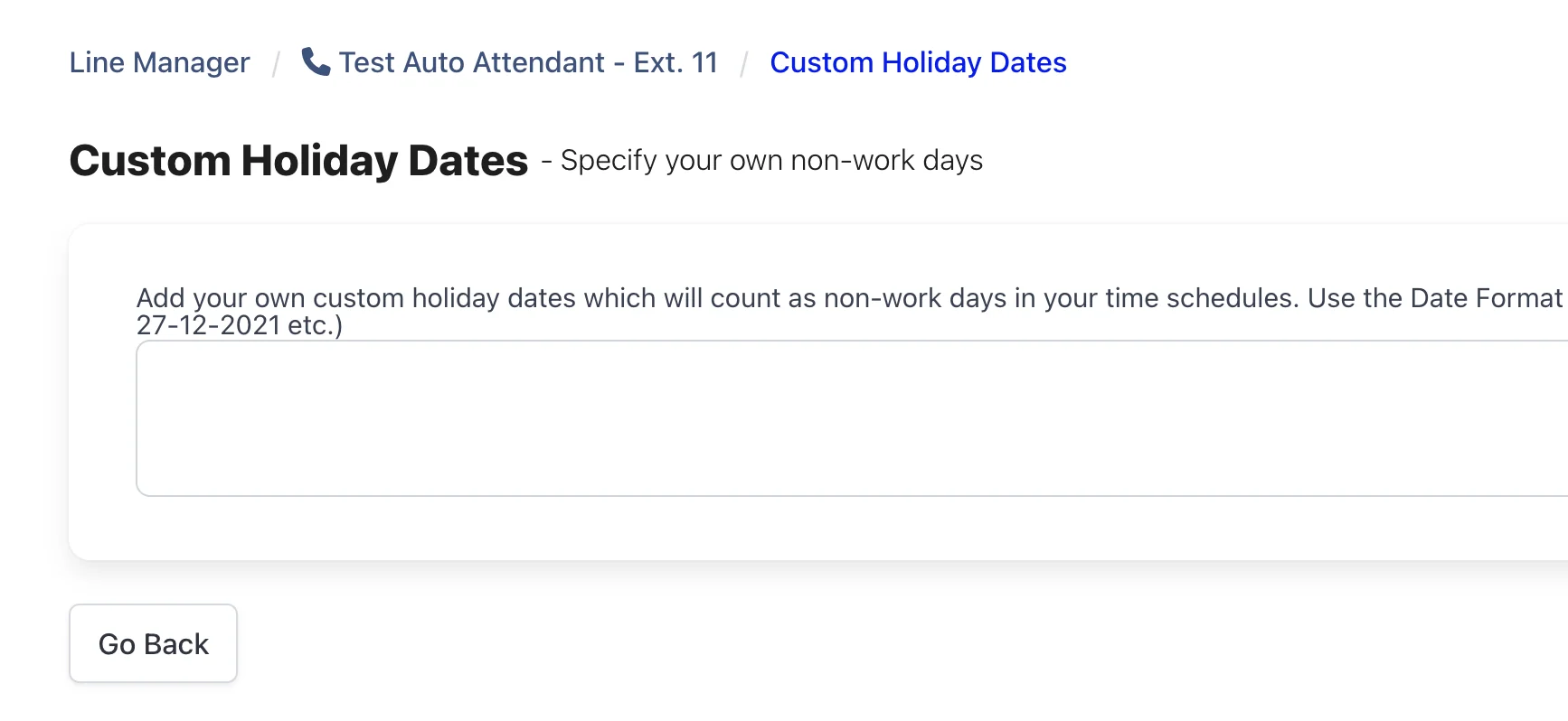 Custom Holiday Dates entry screen.