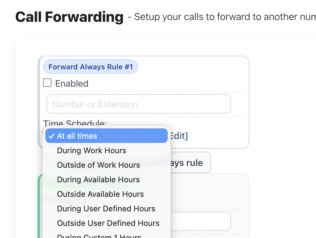 Applying an Outside of Work Hours schedule to a Call Forwarding rule.