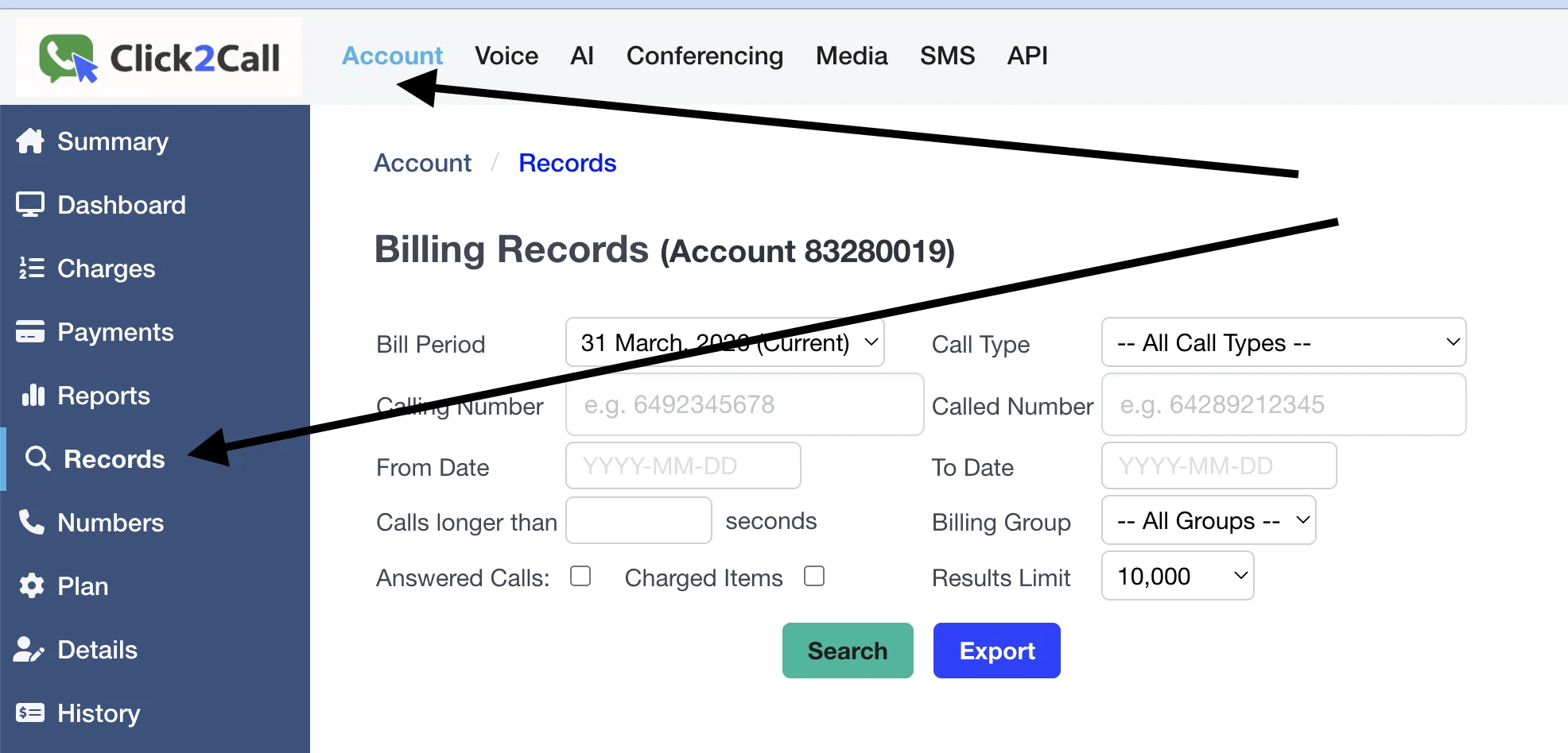 Navigate to Account then Records.