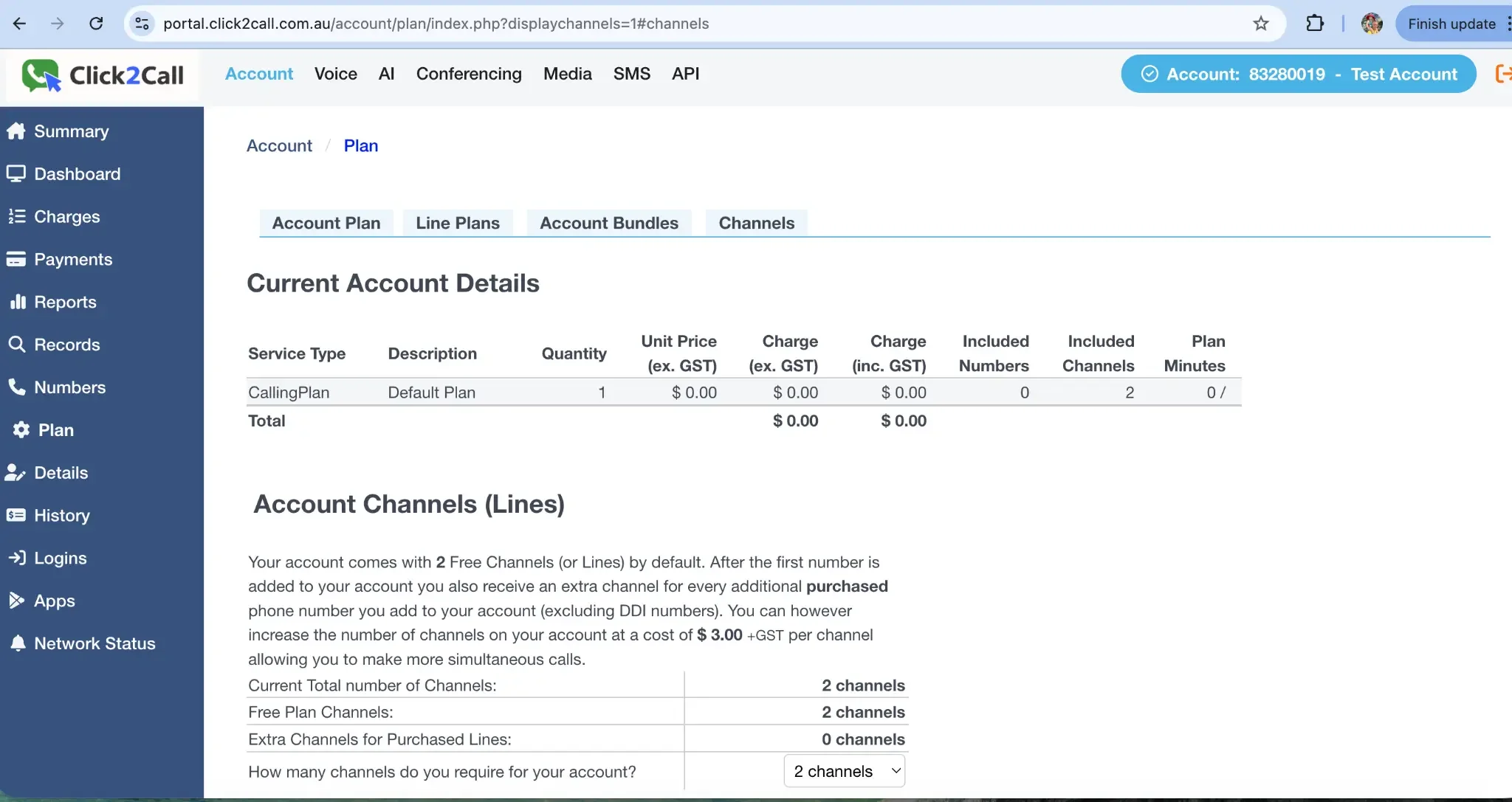 Select the Channels tab on the Plan page.