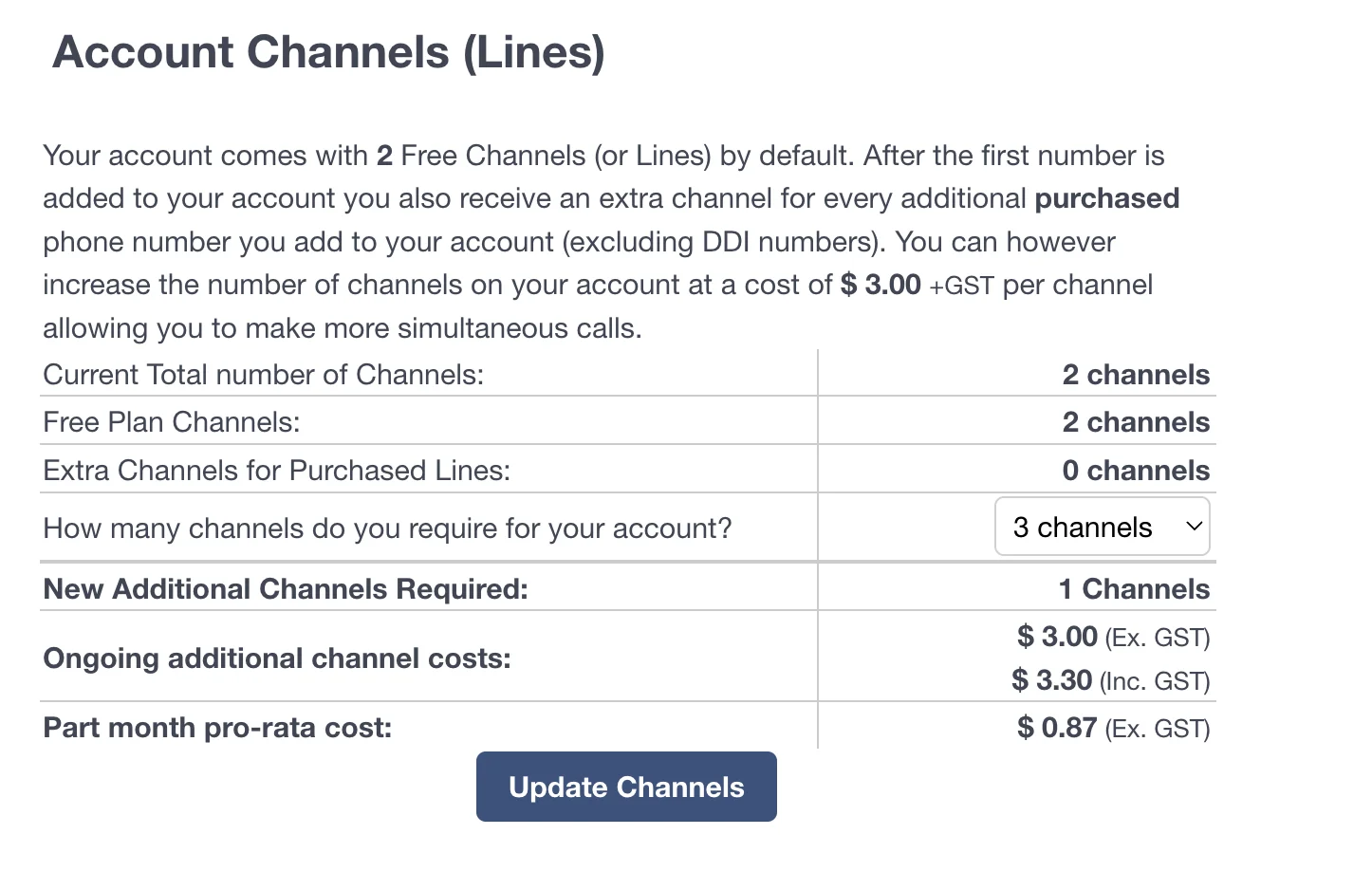 Confirm the new channel cost and click Update Channels.