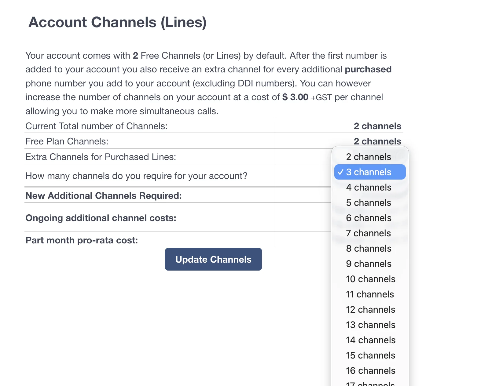 Select the total number of channels required from the dropdown menu.