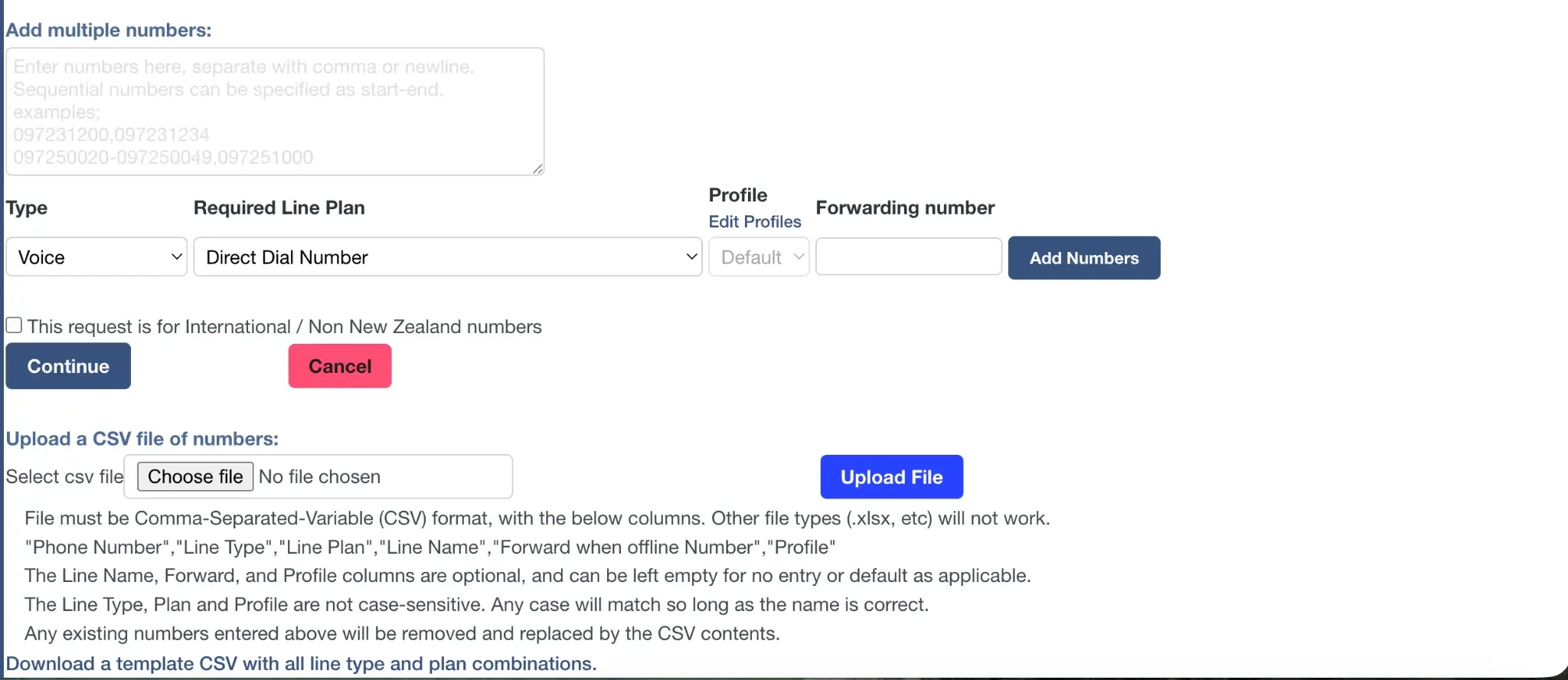 Options for adding multiple numbers to a port request.