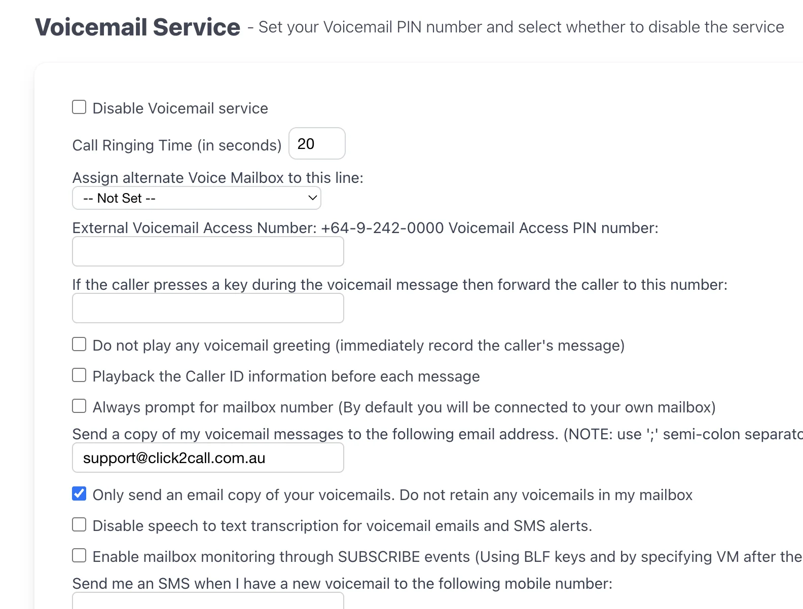 Voicemail service settings panel - top section.