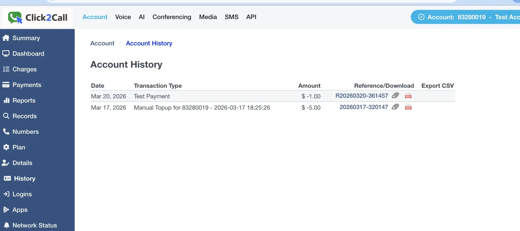 Account History page in the Click2Call portal showing transaction table with Date, Transaction Type, Amount, Reference/Download, and Export CSV columns
