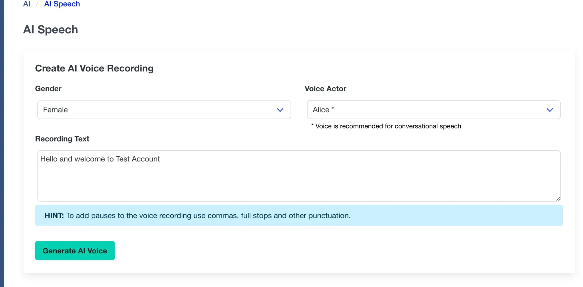 AI Speech portal showing Gender and Voice Actor dropdowns, Recording Text field, and Generate AI Voice button