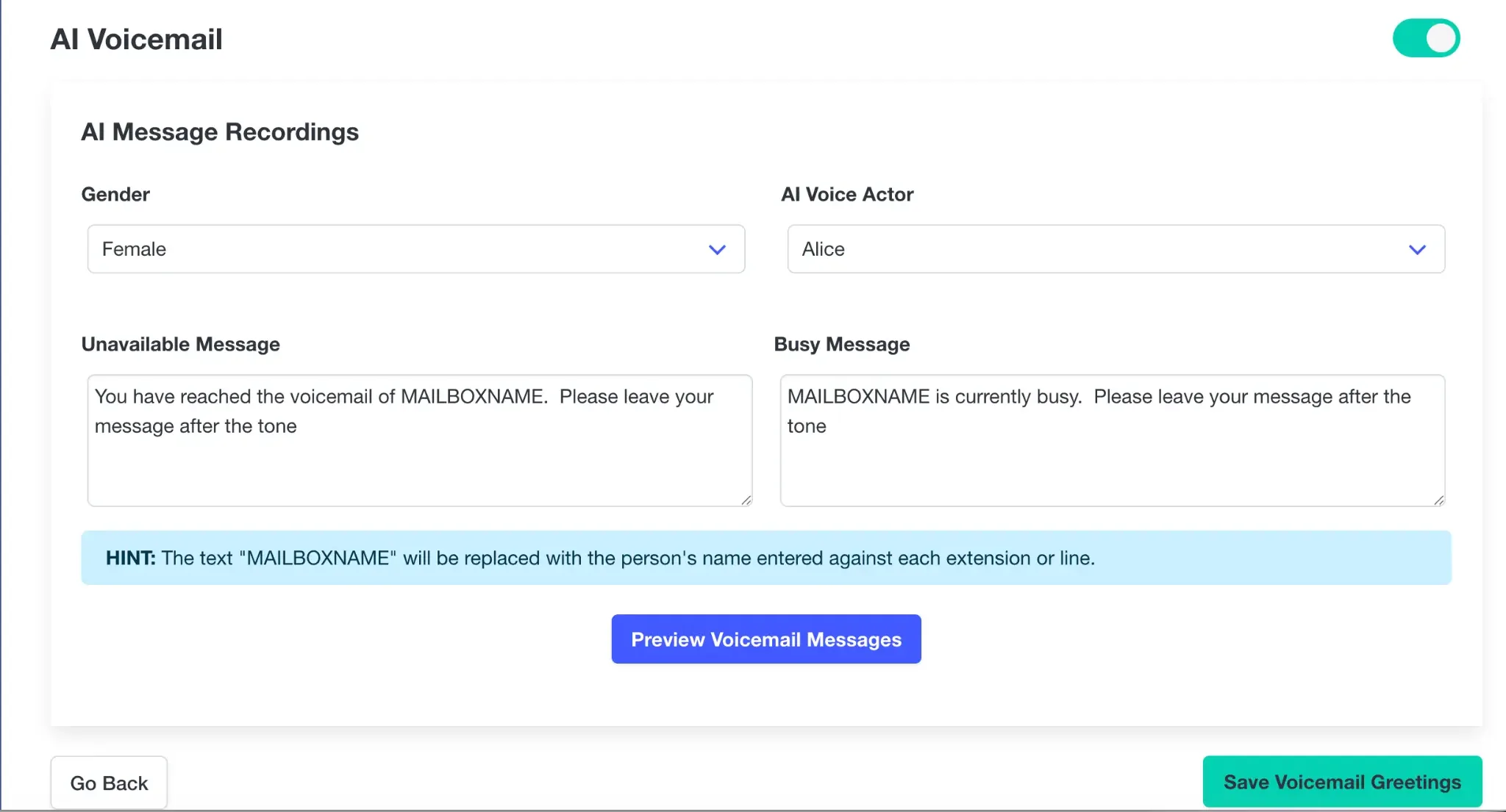 AI Voicemail configuration showing Gender and AI Voice Actor dropdowns, Unavailable Message and Busy Message fields, and the Save Voicemail Greetings button