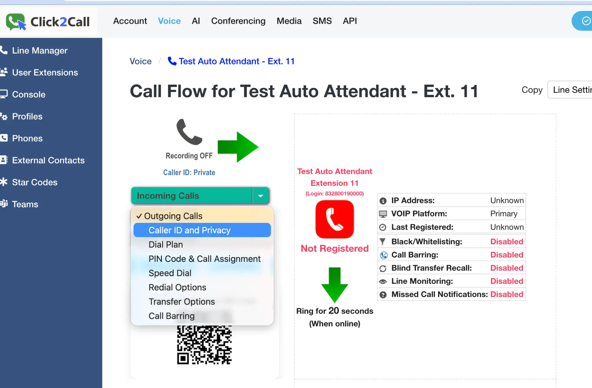 Call Flow page showing the Outgoing Calls dropdown with Caller ID and Privacy option highlighted