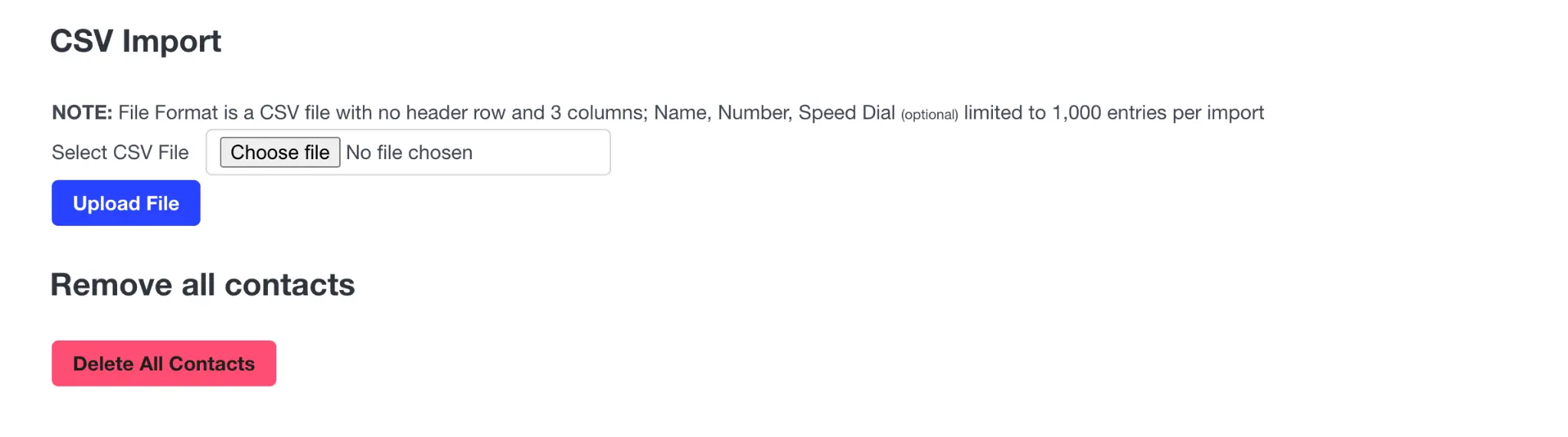 CSV Import section for uploading multiple contacts