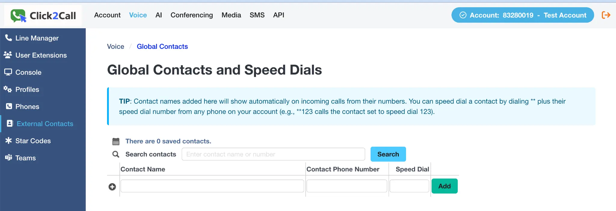 Global Contacts and Speed Dials page showing the add contact form