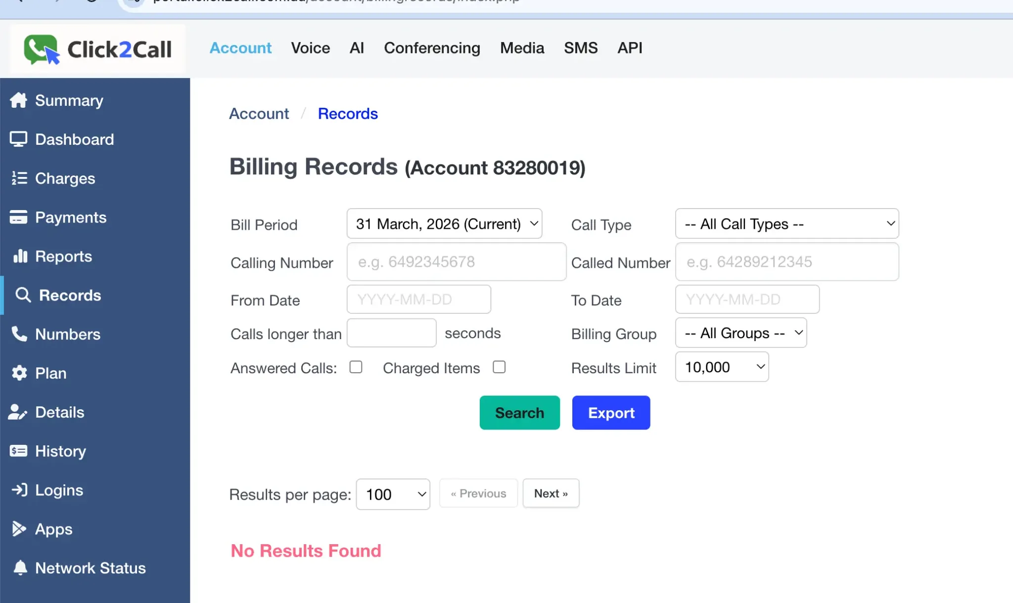 Billing Records page in the Click2Call portal showing search filters for Bill Period, Call Type, Calling Number, Called Number, From/To Date, Calls longer than, Billing Group, Answered Calls, Charged Items, and Results Limit