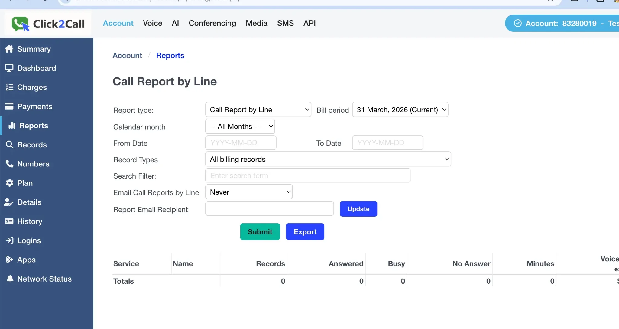 Reports page in the Click2Call portal showing the Call Report by Line form with Report type, Bill period, Calendar month, From/To Date, Record Types, Search Filter, and Email scheduling fields