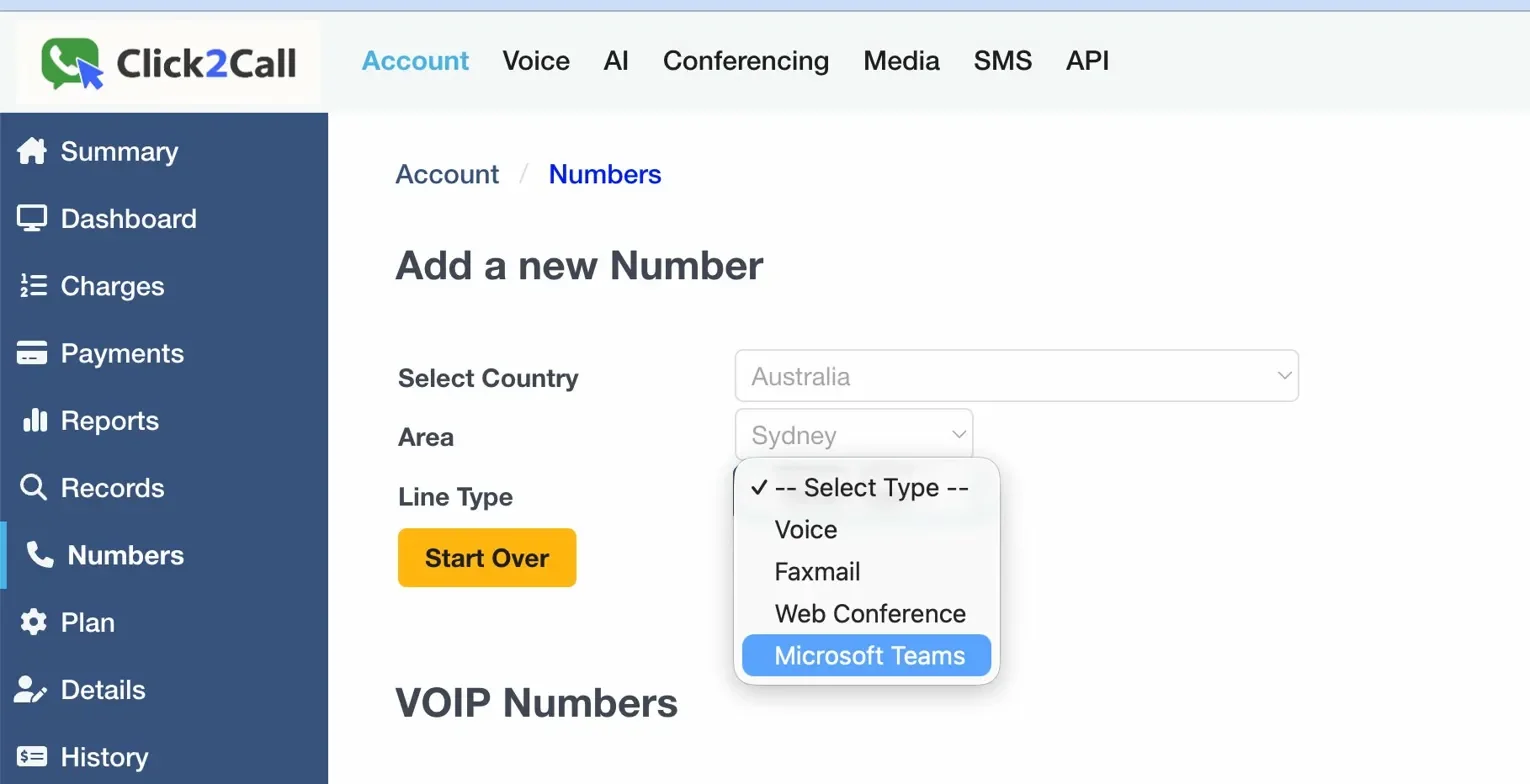 Click2Call portal showing how to add a Microsoft Teams phone number by selecting Microsoft Teams as the line type