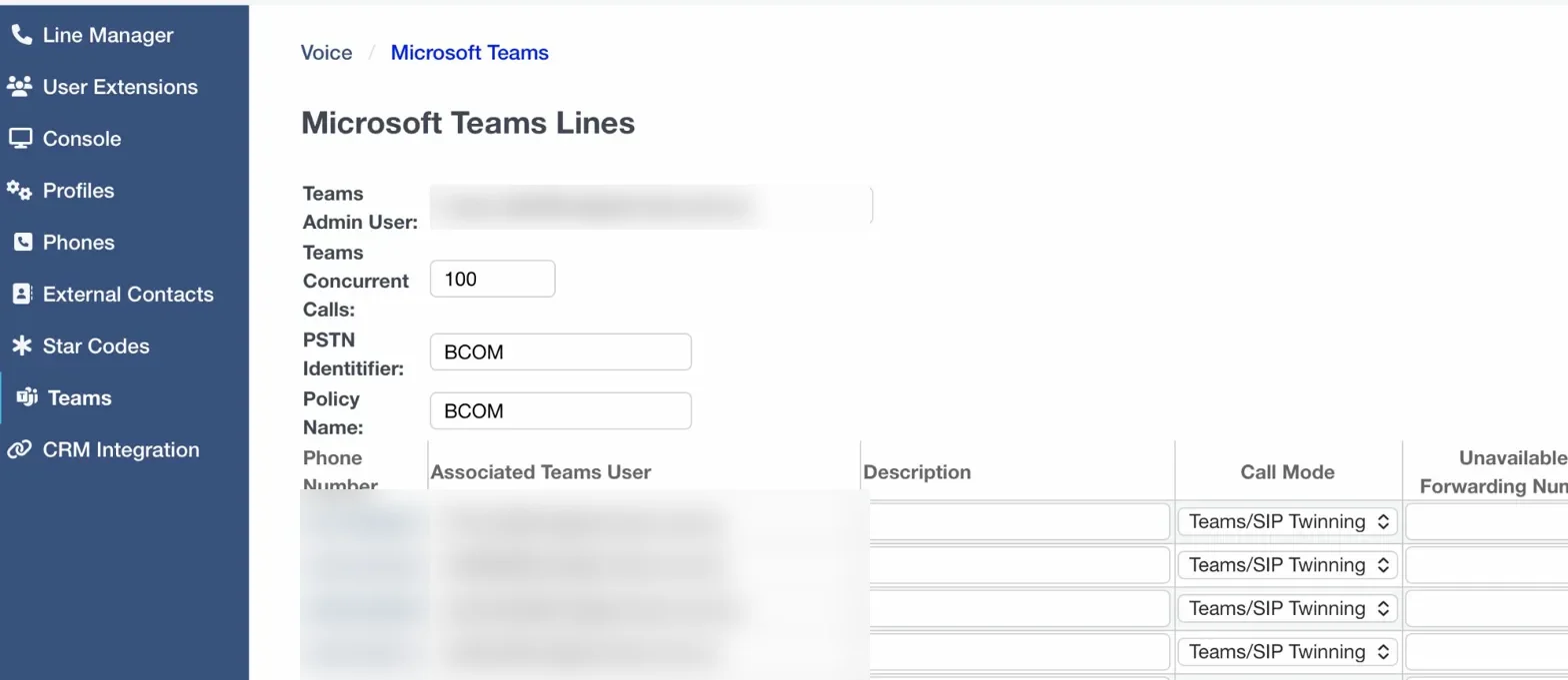 Click2Call portal showing the Microsoft Teams Lines screen where each team member is assigned a phone number