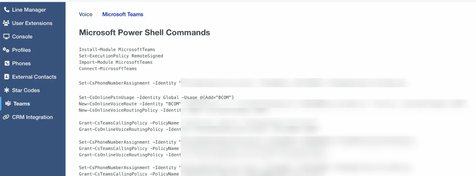 Click2Call portal showing the auto-generated Microsoft Teams PowerShell commands ready to copy and run — no manual scripting required