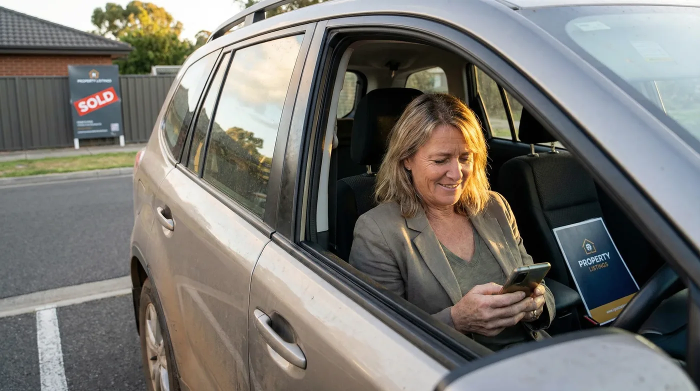 Real estate agent reviewing enquiries on mobile phone between appointments