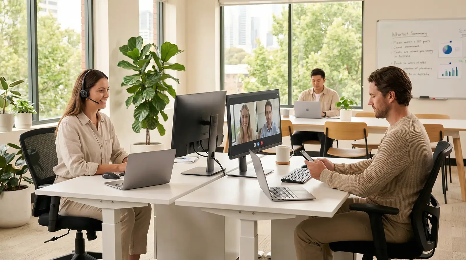 Small business team making calls on laptops and mobile phones using Click2Call VoIP