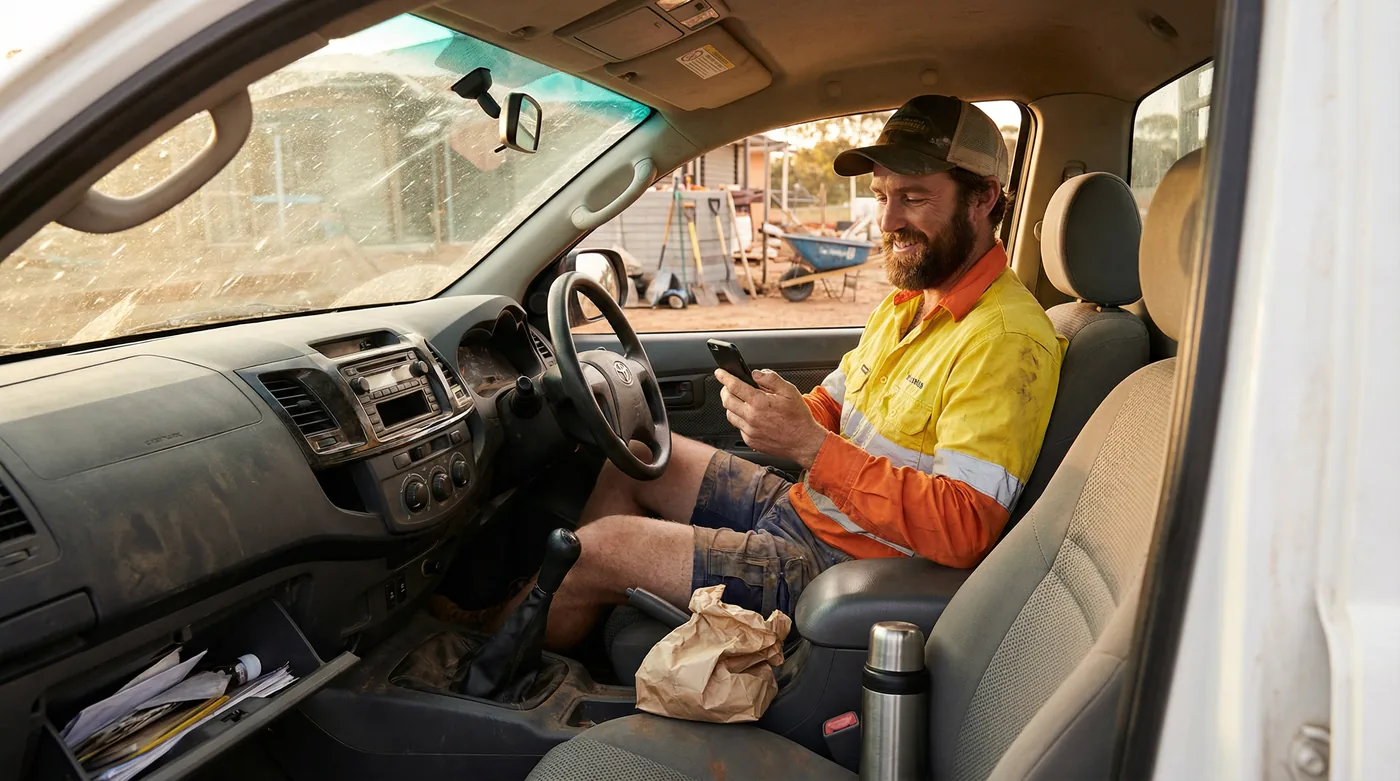 Tradie sitting in work ute cab checking phone during a break