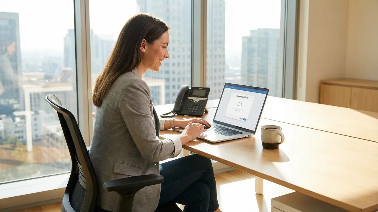 A small business owner in Sydney setting up their VoIP phone system on a laptop.
