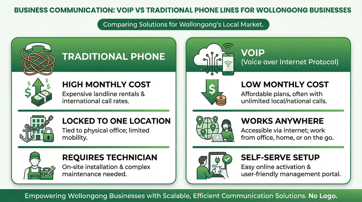 Infographic showing how a VoIP phone system works for a Wollongong business.